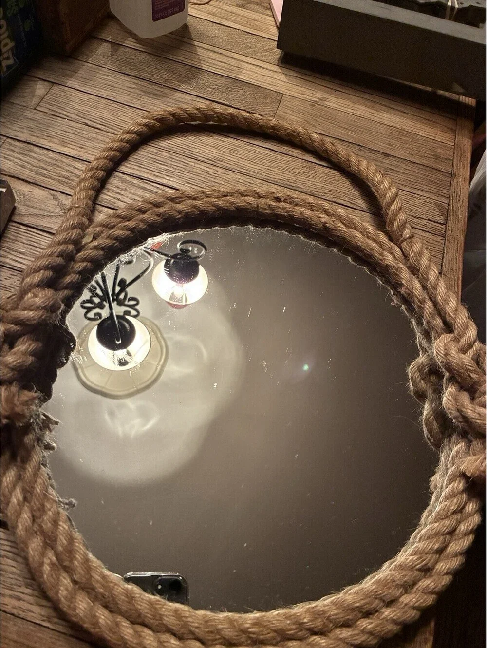 Round 12 in Nautical Accent Wall Mirror, Brown Rope Frame w/ Rope Handle